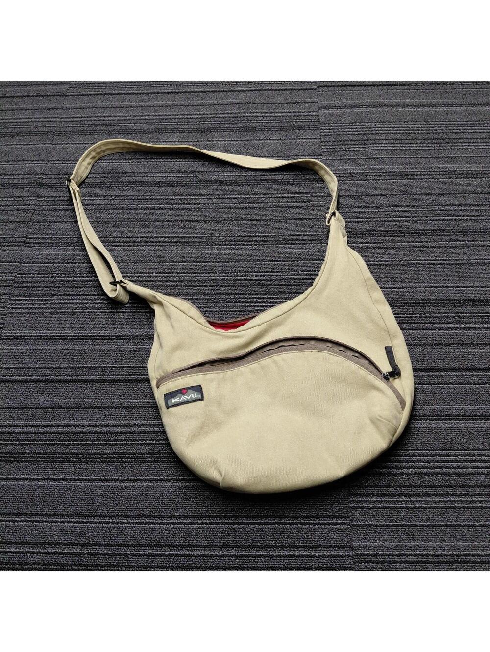 Kavu Tan Canvas Crossbody Sling Bag Red Interior Casual Purse